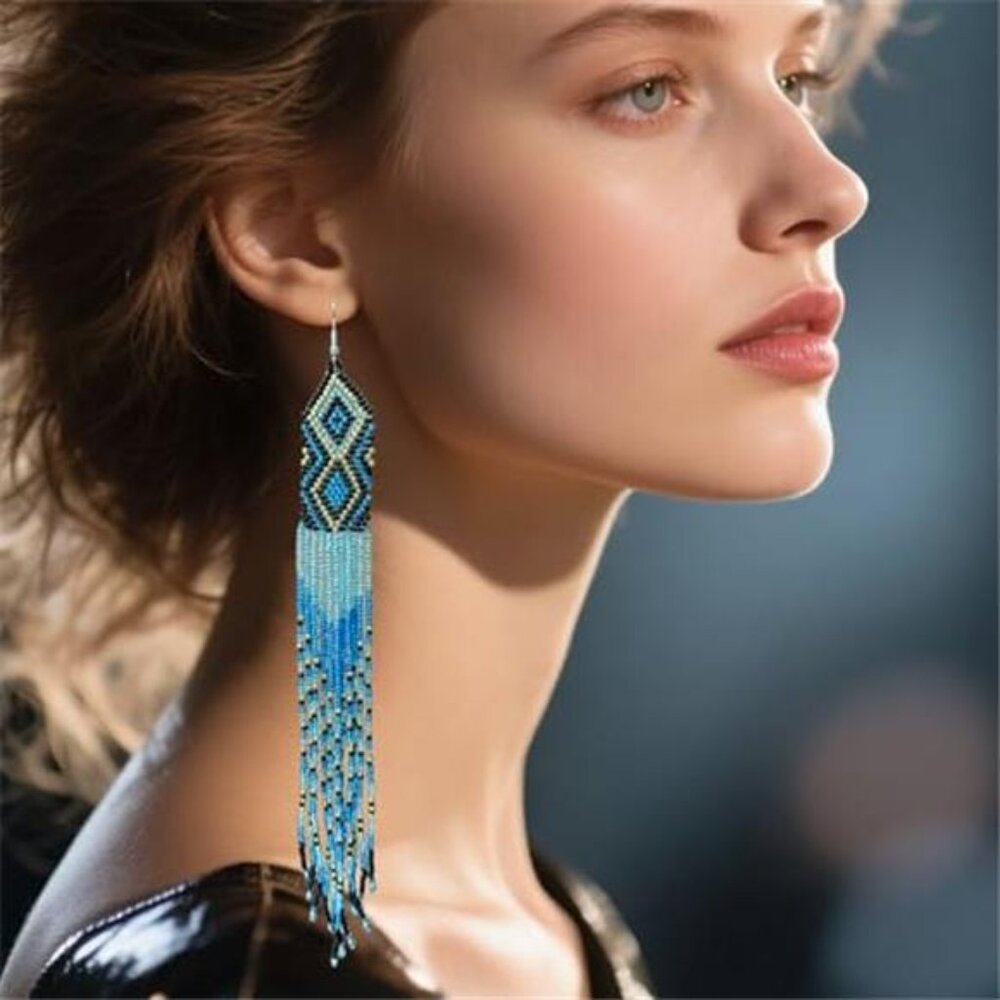 BOHEMIAN BLUE Gold Colorful Western style Beaded Long Earrings Festival Jewelry
